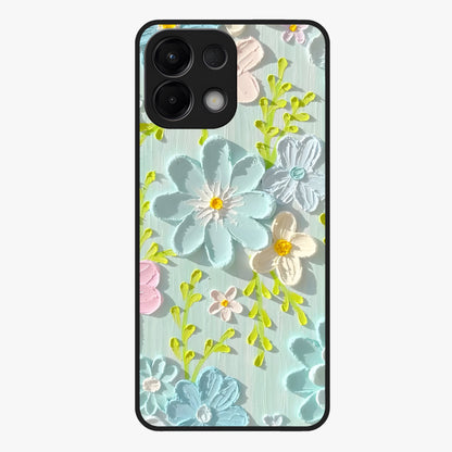 Frosted Petal Garden Glass Case showing flat back view with soft frosted floral artwork and glossy glass finish.