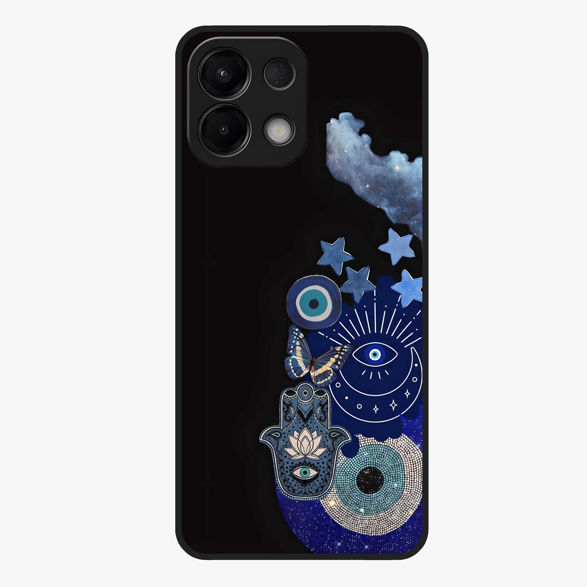 Galactic Charm Cluster Glass Case showing flat back view with glowing celestial charm artwork and glossy glass finish.