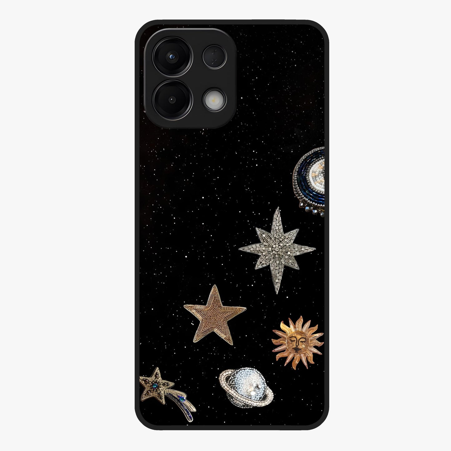 Galactic Charm Glow Glass Case showing flat back view with glowing celestial charm artwork and glossy glass finish.