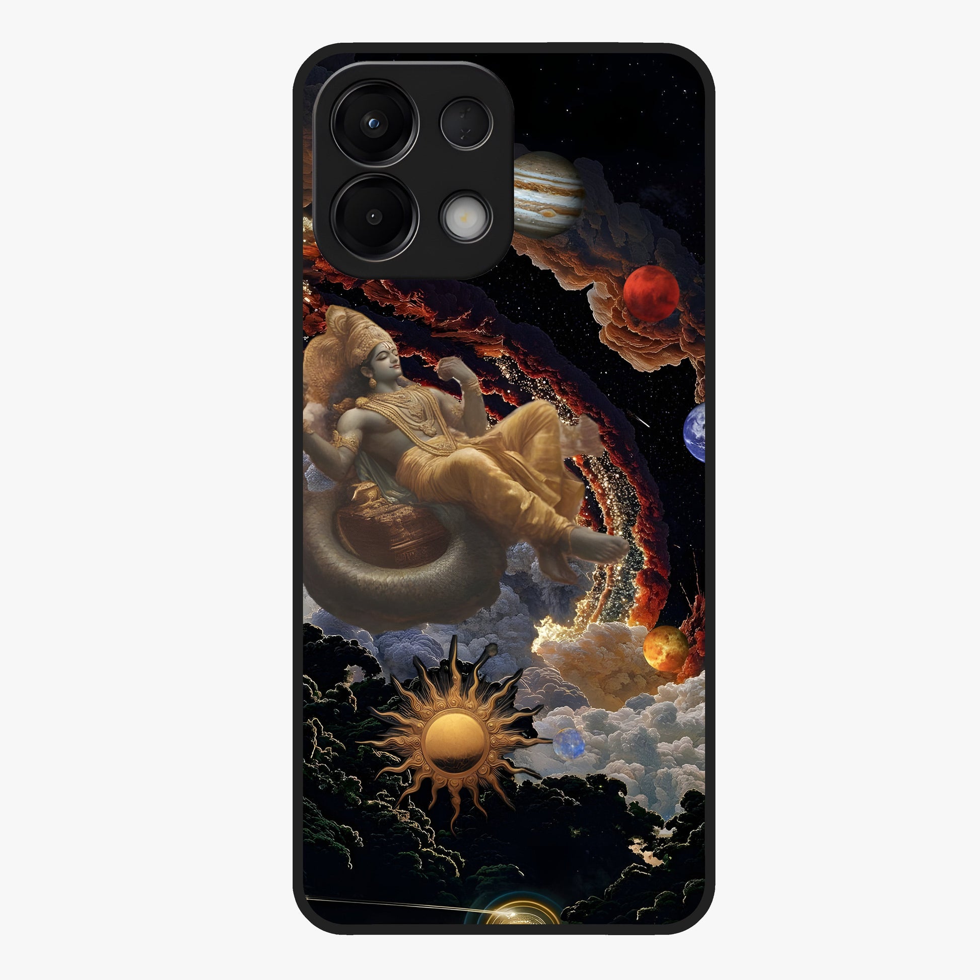 Galactic Divine God Glass Case showing flat back view with divine cosmic themed artwork and glossy glass finish.