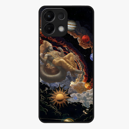 Galactic Divine God Glass Case showing flat back view with divine cosmic themed artwork and glossy glass finish.