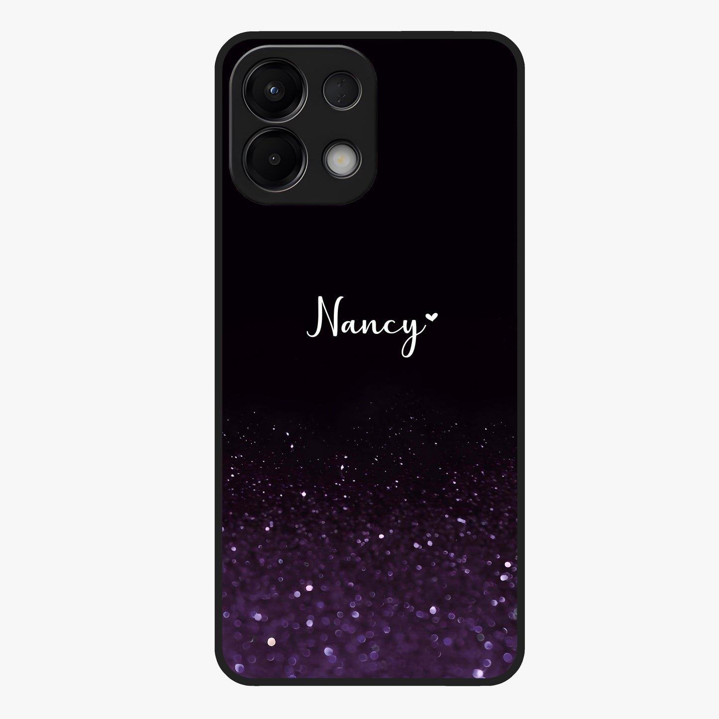 Glittery Purple Bokeh Custom Name Glass Case showing flat back view with purple bokeh sparkle artwork and personalized name design.