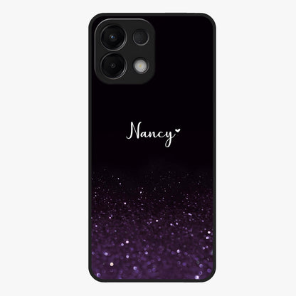 Glittery Purple Bokeh Custom Name Glass Case showing flat back view with purple bokeh sparkle artwork and personalized name design.