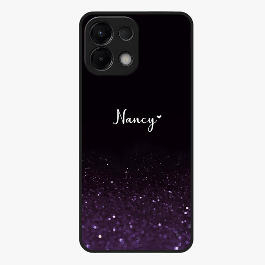 Glittery Purple Bokeh Custom Name Glass Case showing flat back view with purple bokeh sparkle artwork and personalized name design.