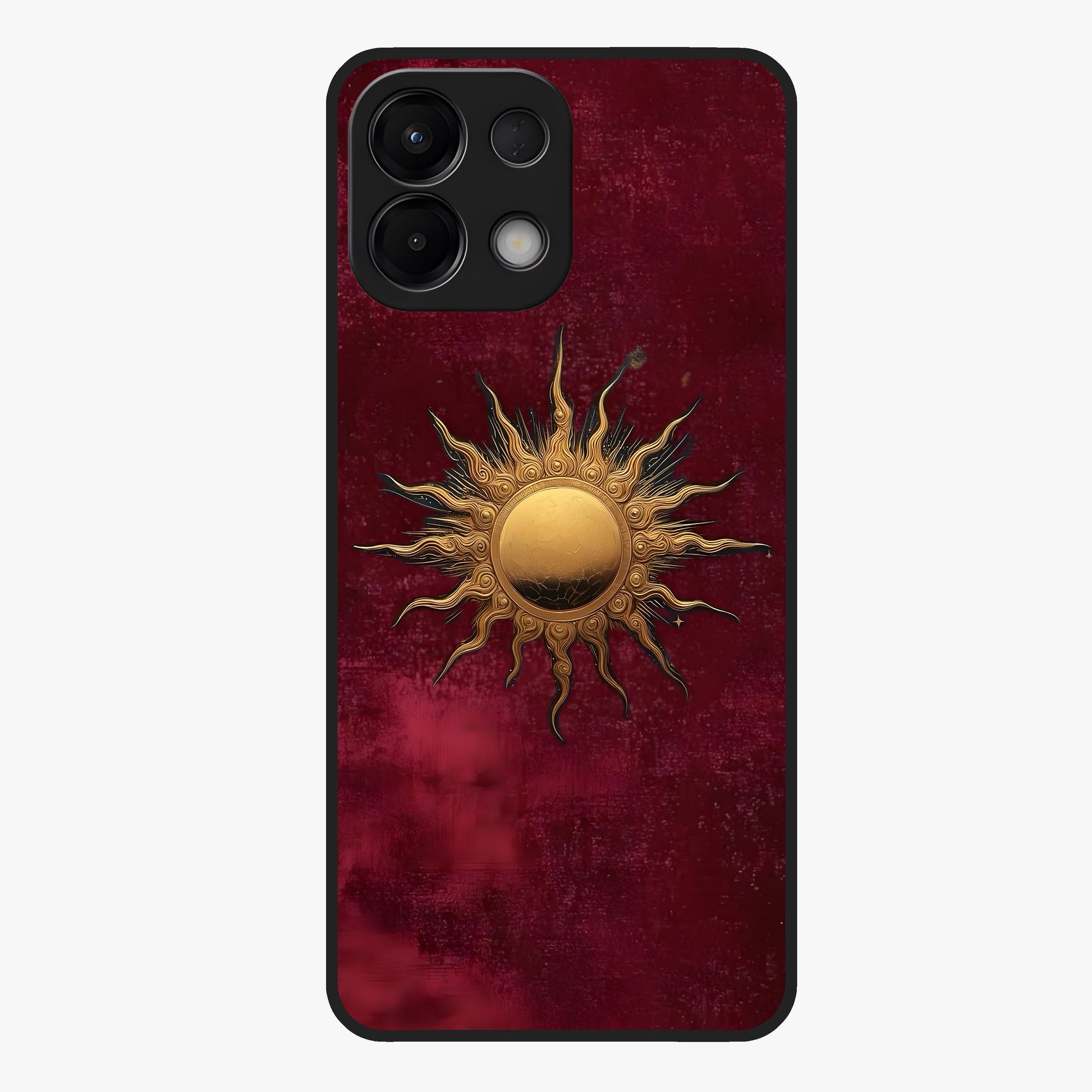 Gold Sun Blush Glass Case showing flat back view with golden sun inspired artwork and glossy glass finish.