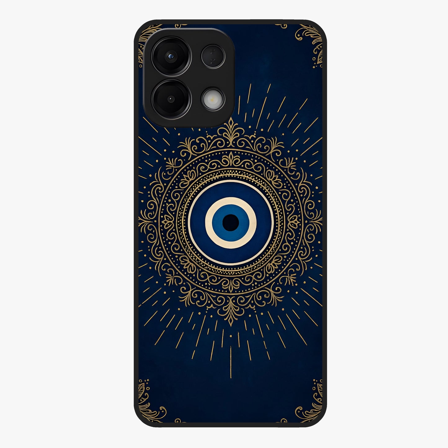 Golden Evil Eye Mandala Glass Case showing flat back view with intricate evil eye mandala artwork and glossy glass finish.