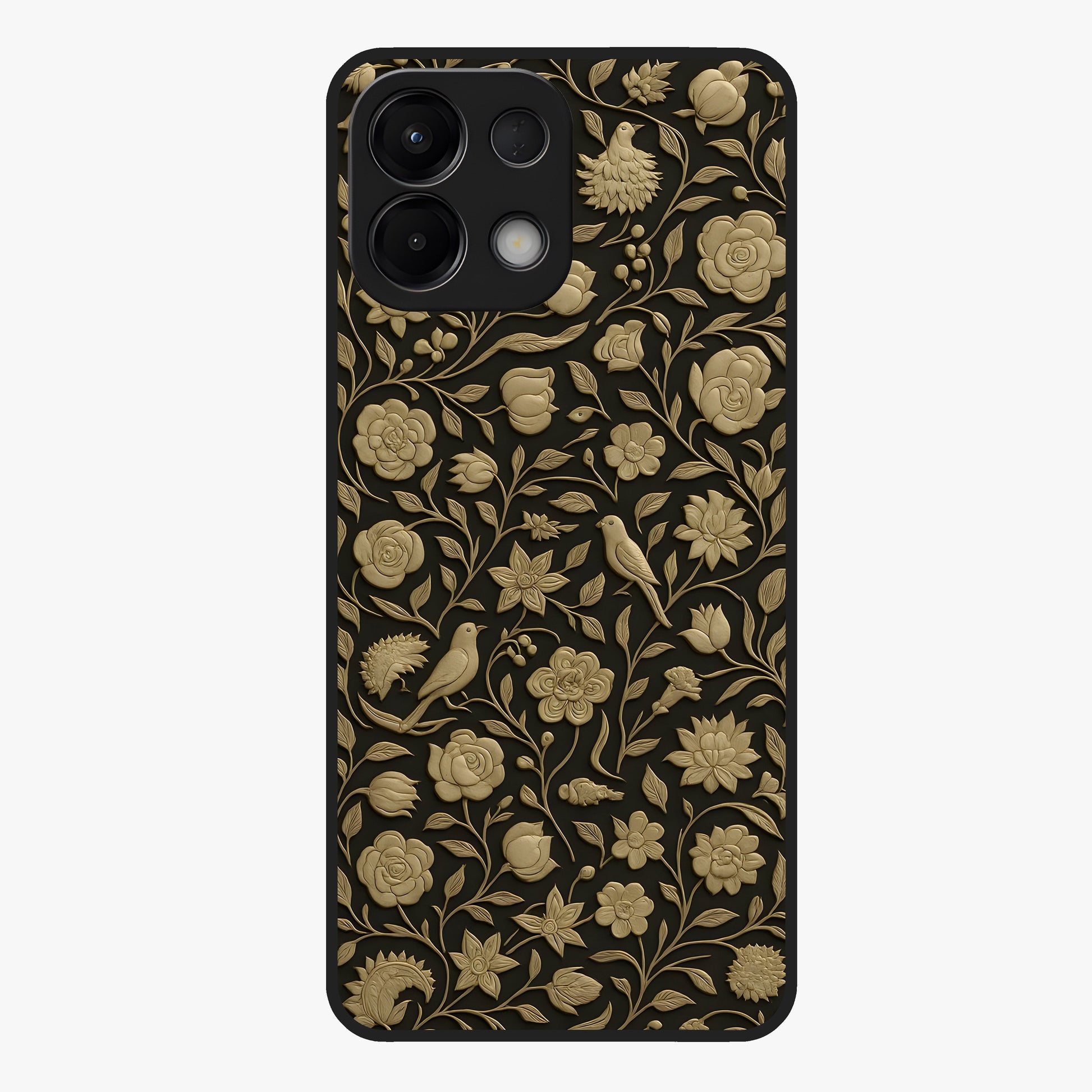 Golden Floral Majesty Glass Case showing flat back view with luxurious golden floral artwork and glossy glass finish.