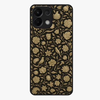 Golden Floral Majesty Glass Case showing flat back view with luxurious golden floral artwork and glossy glass finish.