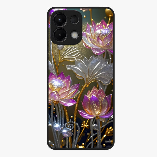 Golden Lotus Glow Glass Case showing flat back view with glowing lotus flower artwork and glossy glass finish.