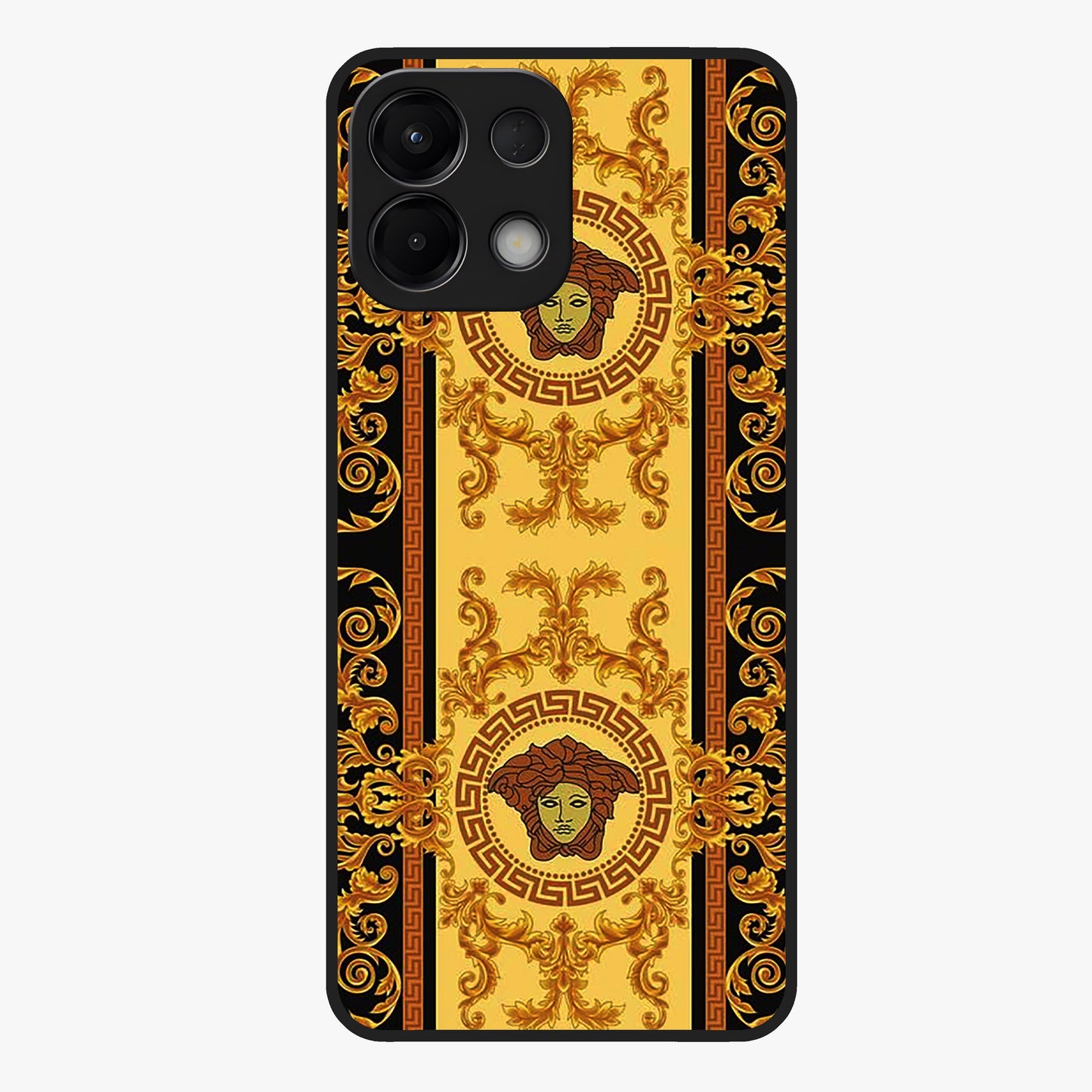 Golden Royal Heritage Glass Case showing flat back view with ornate royal pattern artwork and glossy glass finish.
