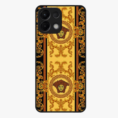 Golden Royal Heritage Glass Case showing flat back view with ornate royal pattern artwork and glossy glass finish.