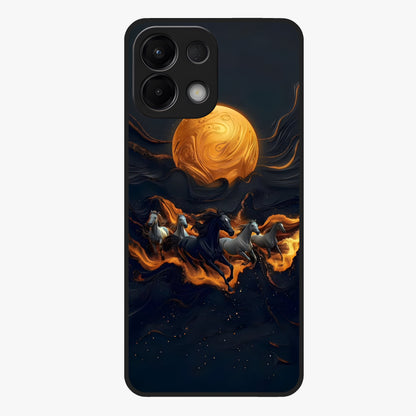 Golden Stallion Moonride Glass Case showing flat back view with majestic horse under moonlight artwork and glossy glass finish.