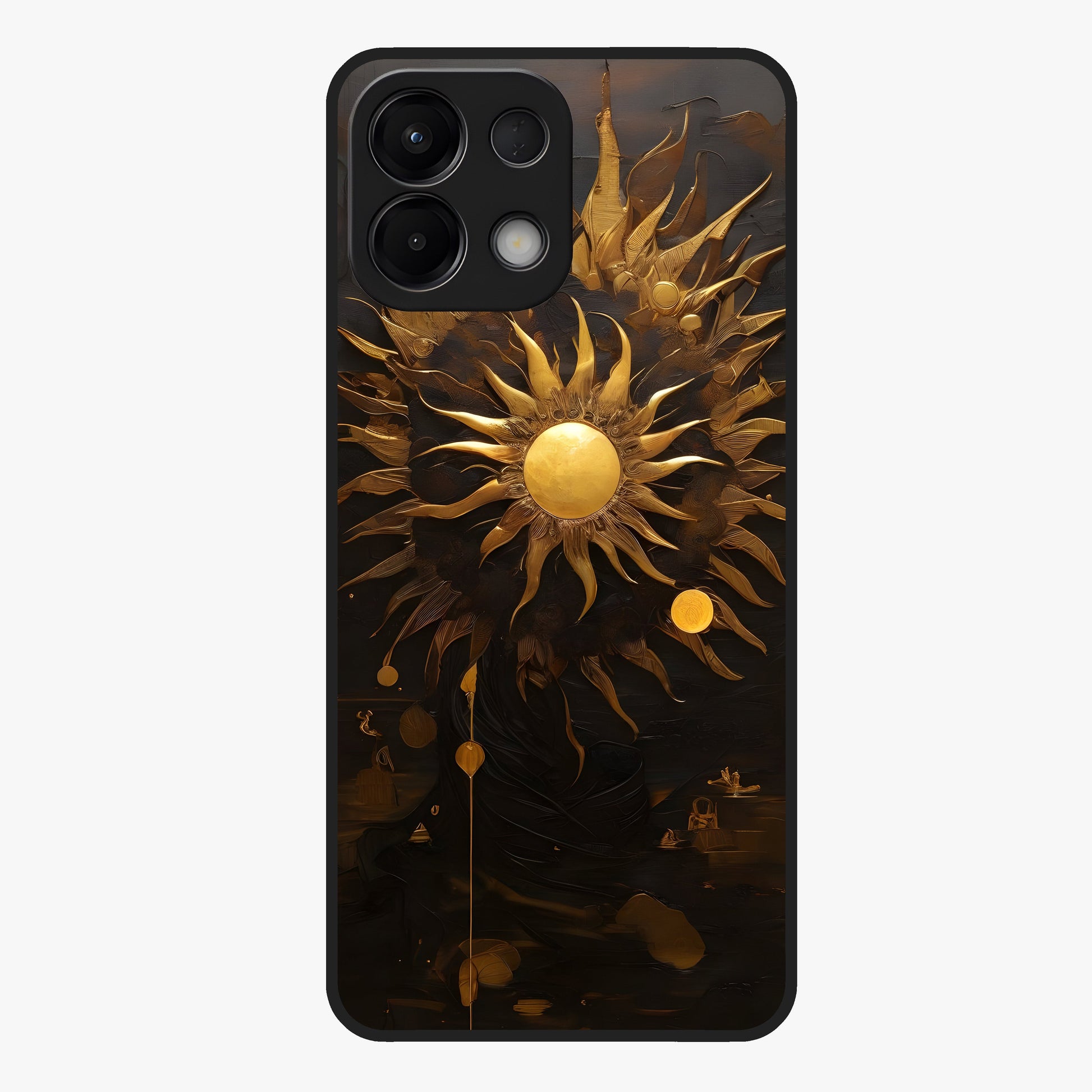 Golden Sun Majesty Glass Case showing flat back view with radiant golden sun artwork and glossy glass finish.