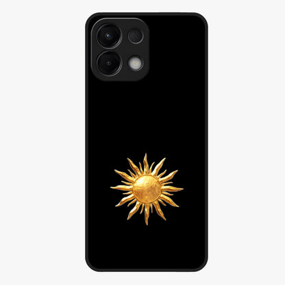 Golden Sun Minimalism Glass Case showing flat back view with minimal golden sun artwork and glossy glass finish.