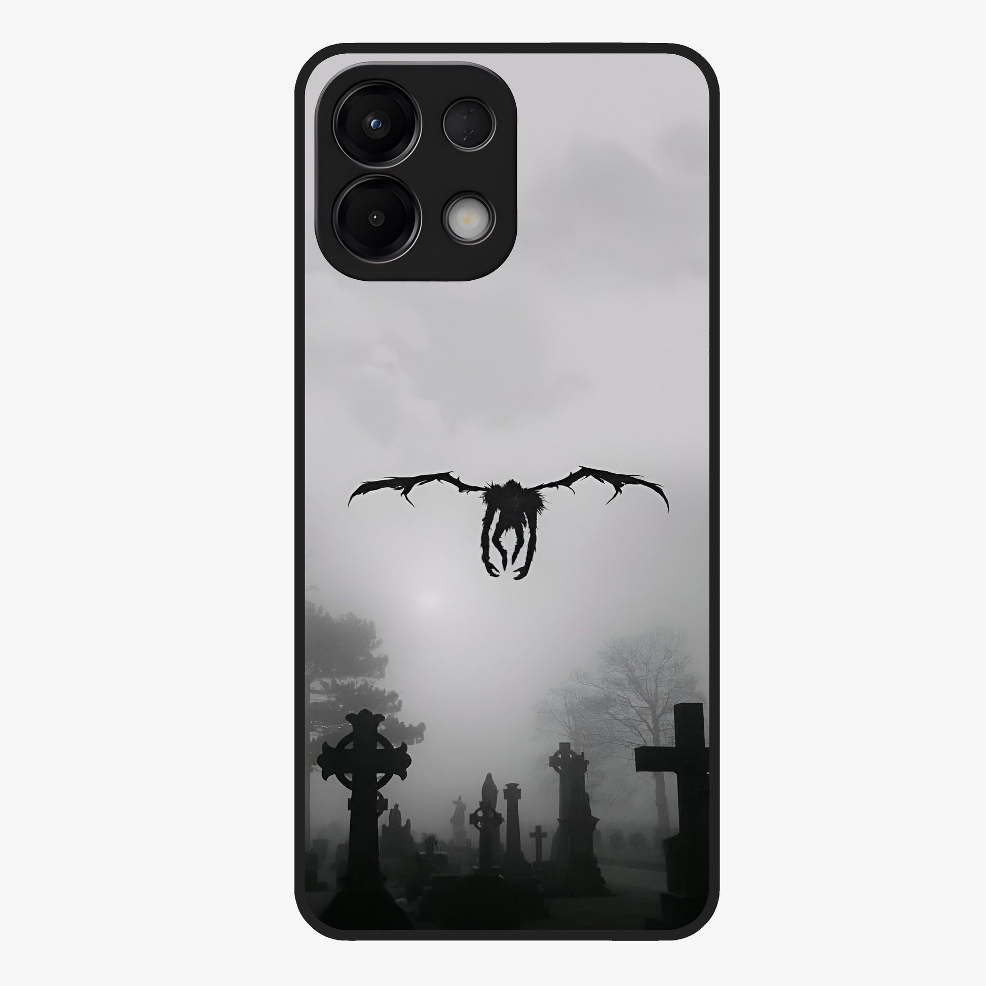 Graveyard Shadow Descent Glass Case showing flat back view with dark graveyard themed artwork and glossy glass finish.