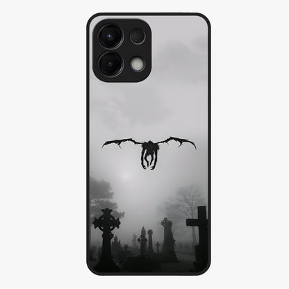Graveyard Shadow Descent Glass Case showing flat back view with dark graveyard themed artwork and glossy glass finish.