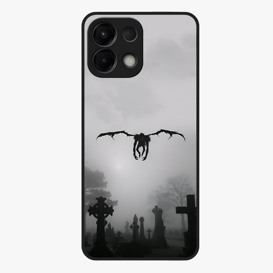 Graveyard Shadow Descent Glass Case showing flat back view with dark graveyard themed artwork and glossy glass finish.