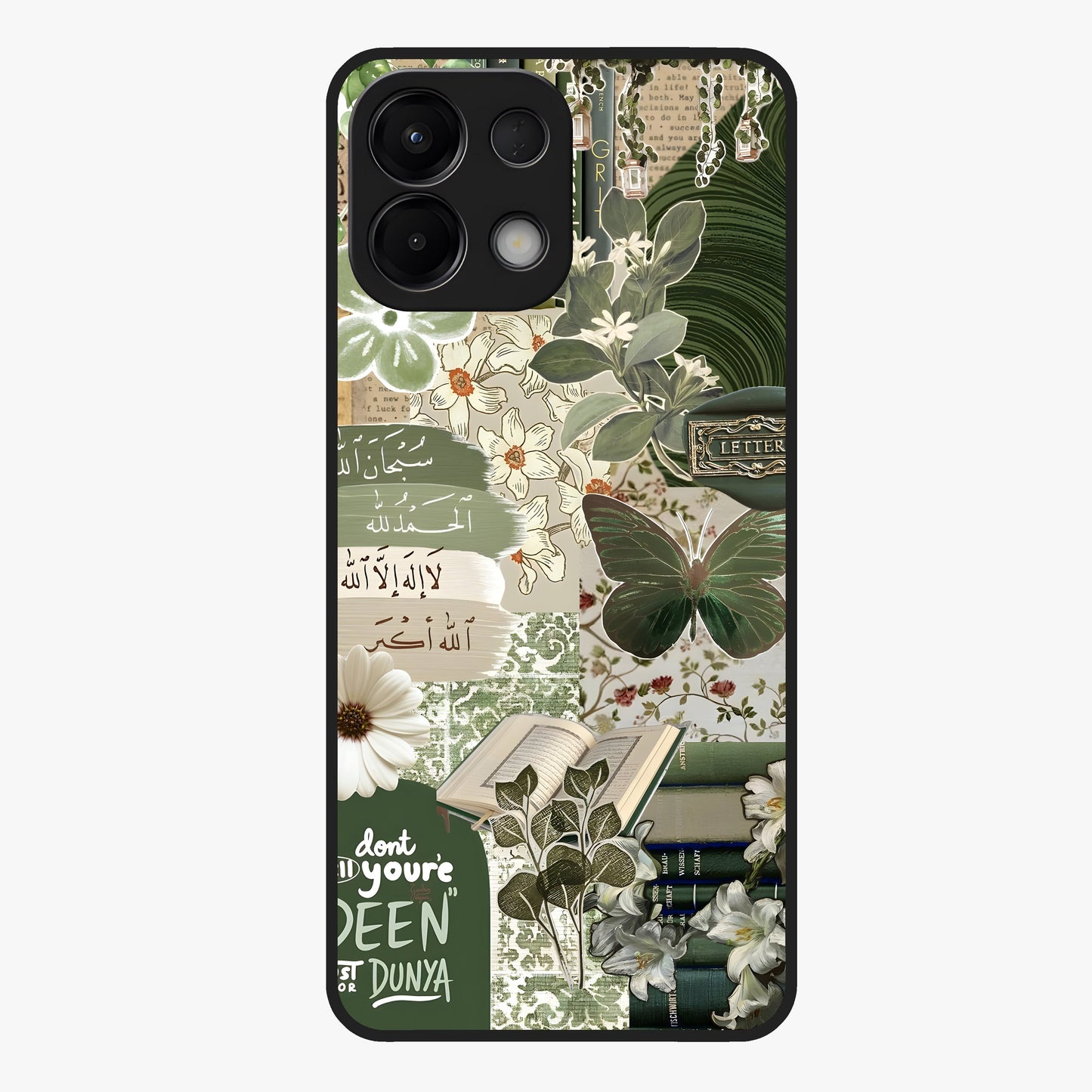 Green Islamic Books Quotes Glass Case showing flat back view with Islamic quotes and book themed artwork and glossy glass finish.