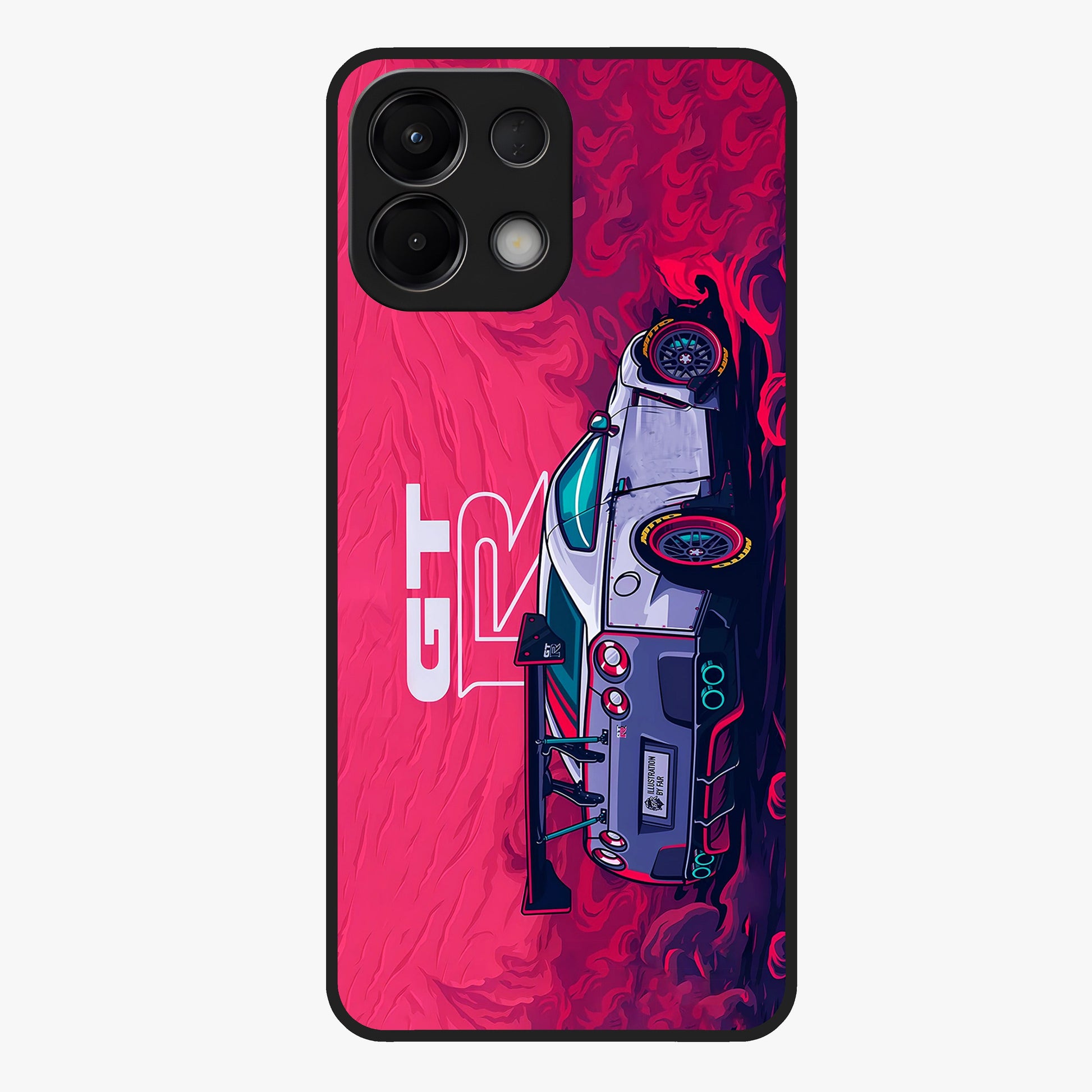 GT-R Car Pattern Glass Case showing flat back view with sporty car inspired pattern artwork and glossy glass finish.