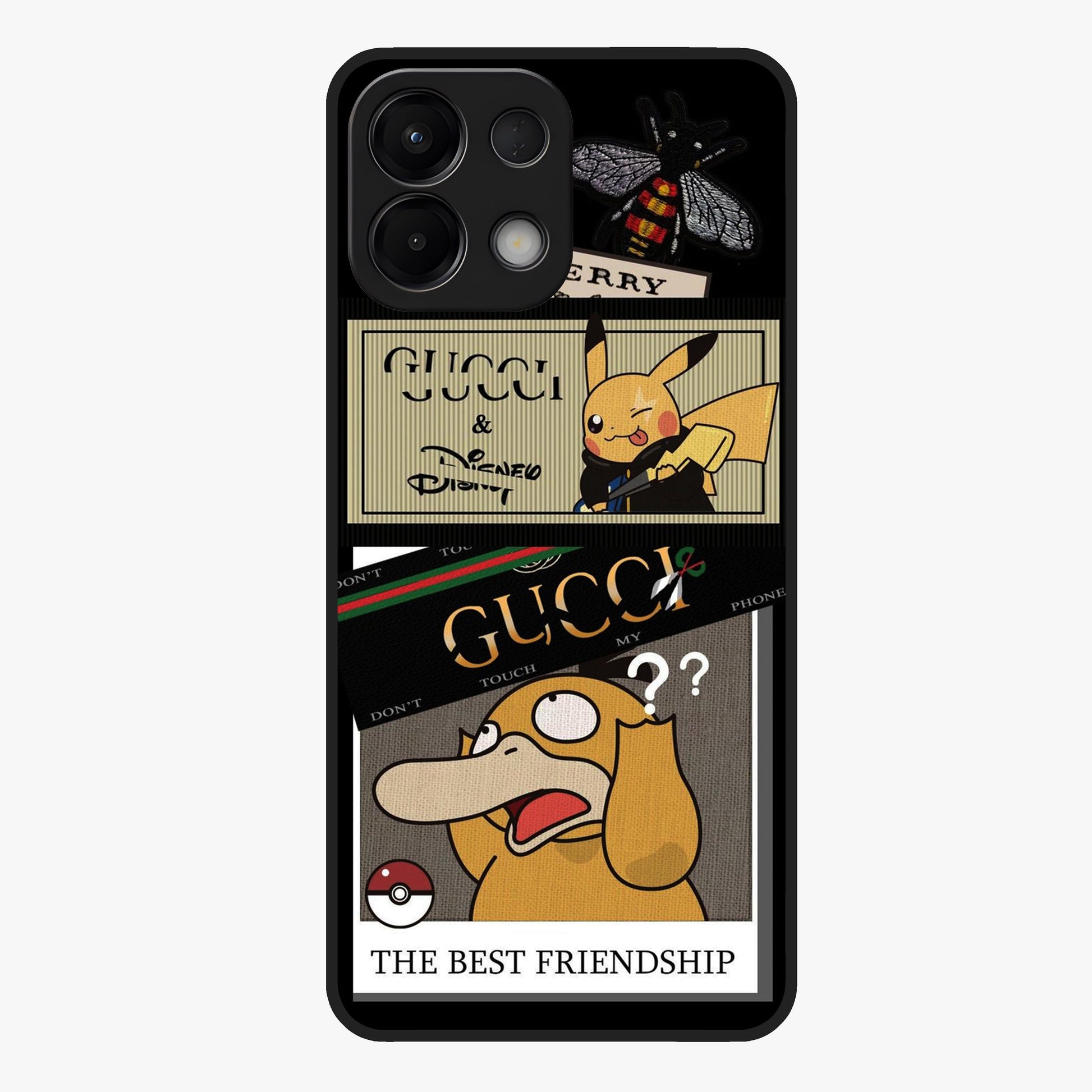 Gucci Play Mashup Glass Case showing flat back view with luxury inspired graphic artwork and glossy glass finish.