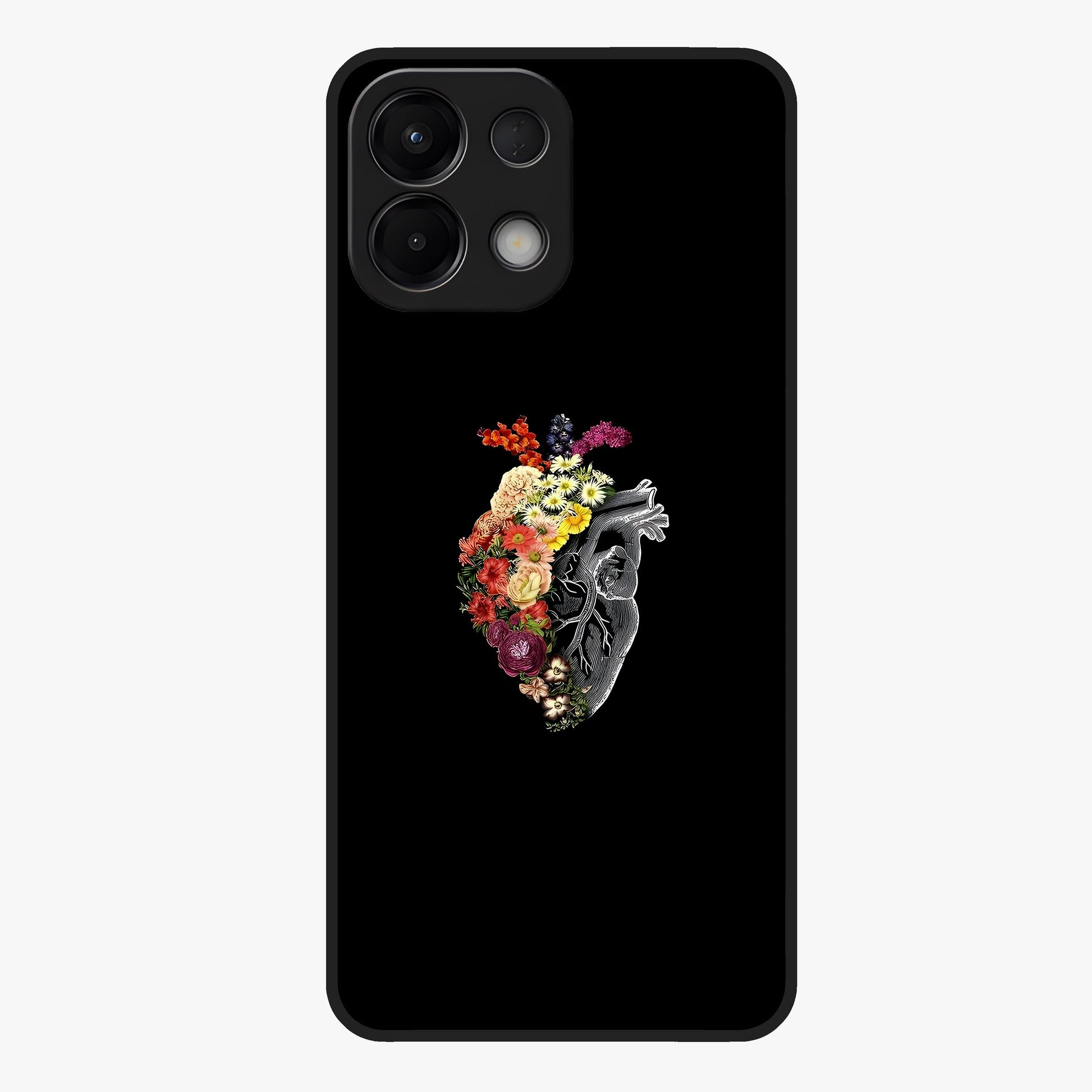 Heart With Flowers Glass Case showing flat back view with heart shaped floral artwork and glossy glass finish.