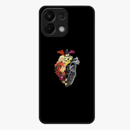 Heart With Flowers Glass Case showing flat back view with heart shaped floral artwork and glossy glass finish.