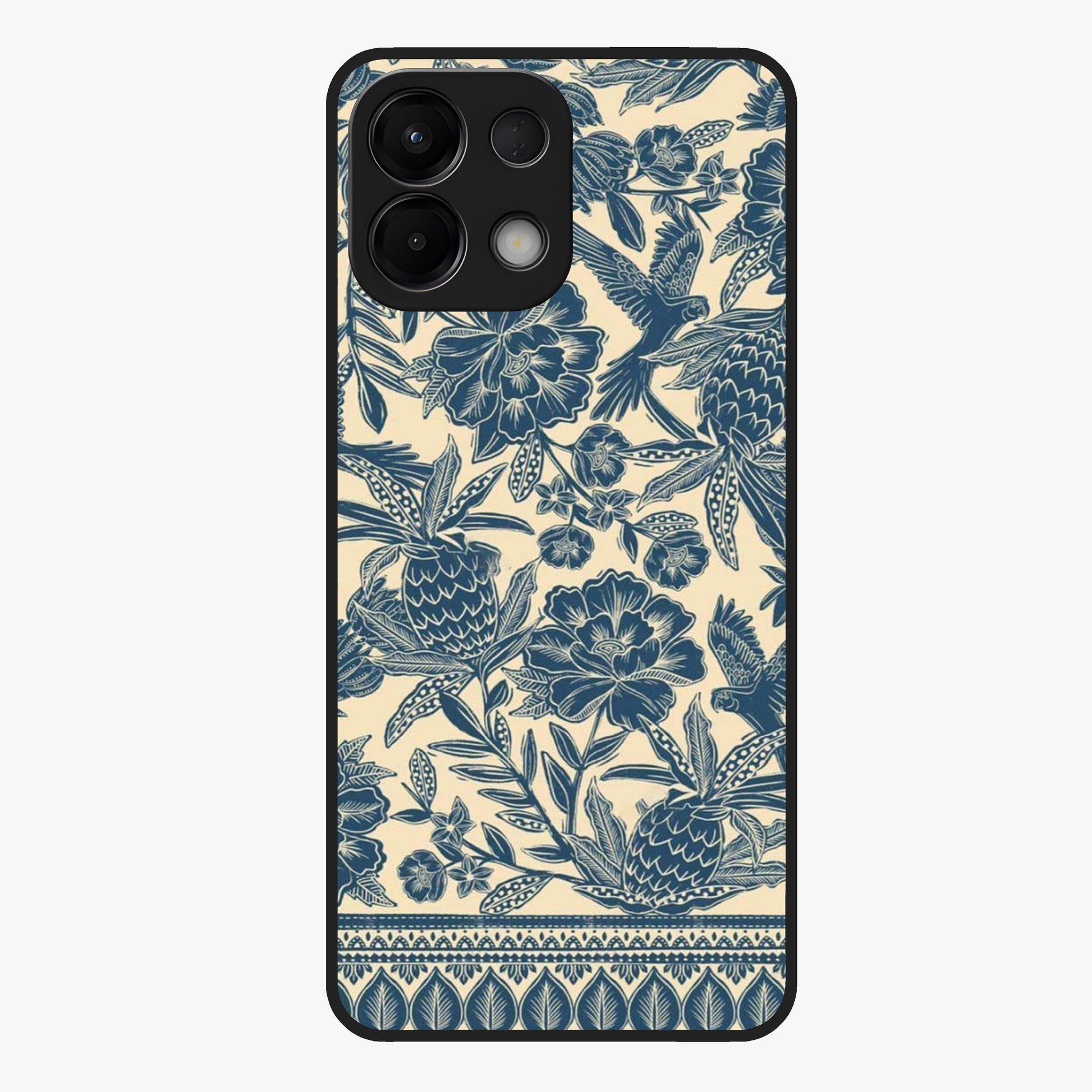 Heirloom Wild Bloom Glass Case showing flat back view with vintage inspired wild flower artwork and glossy glass finish.