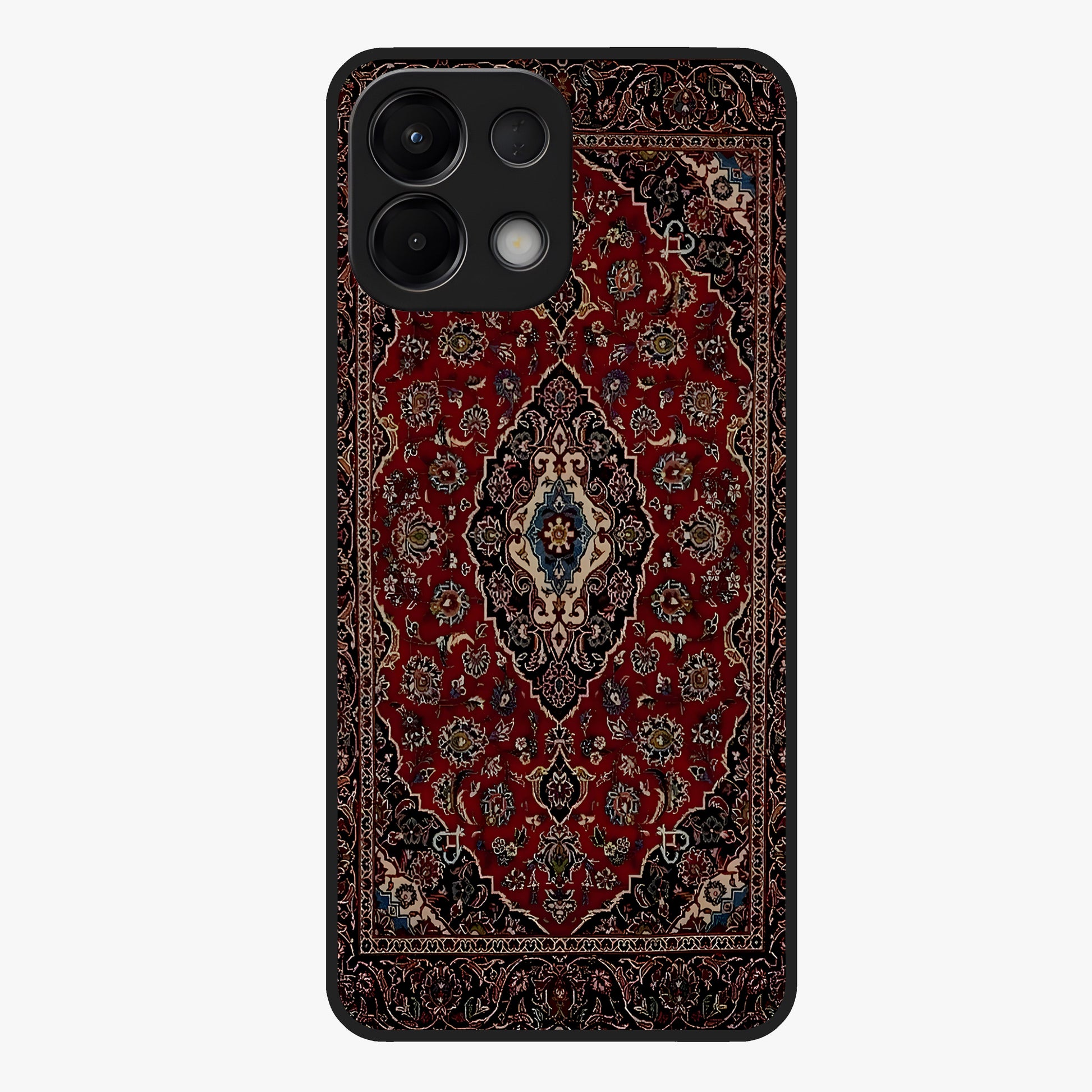 Heritage Carpet Royale Glass Case showing flat back view with ornate Persian carpet inspired pattern and glossy glass finish.