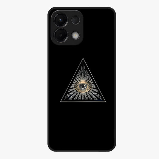 Illuminati Evil Glass Case showing flat back view with mysterious illuminati symbol artwork and glossy glass finish.