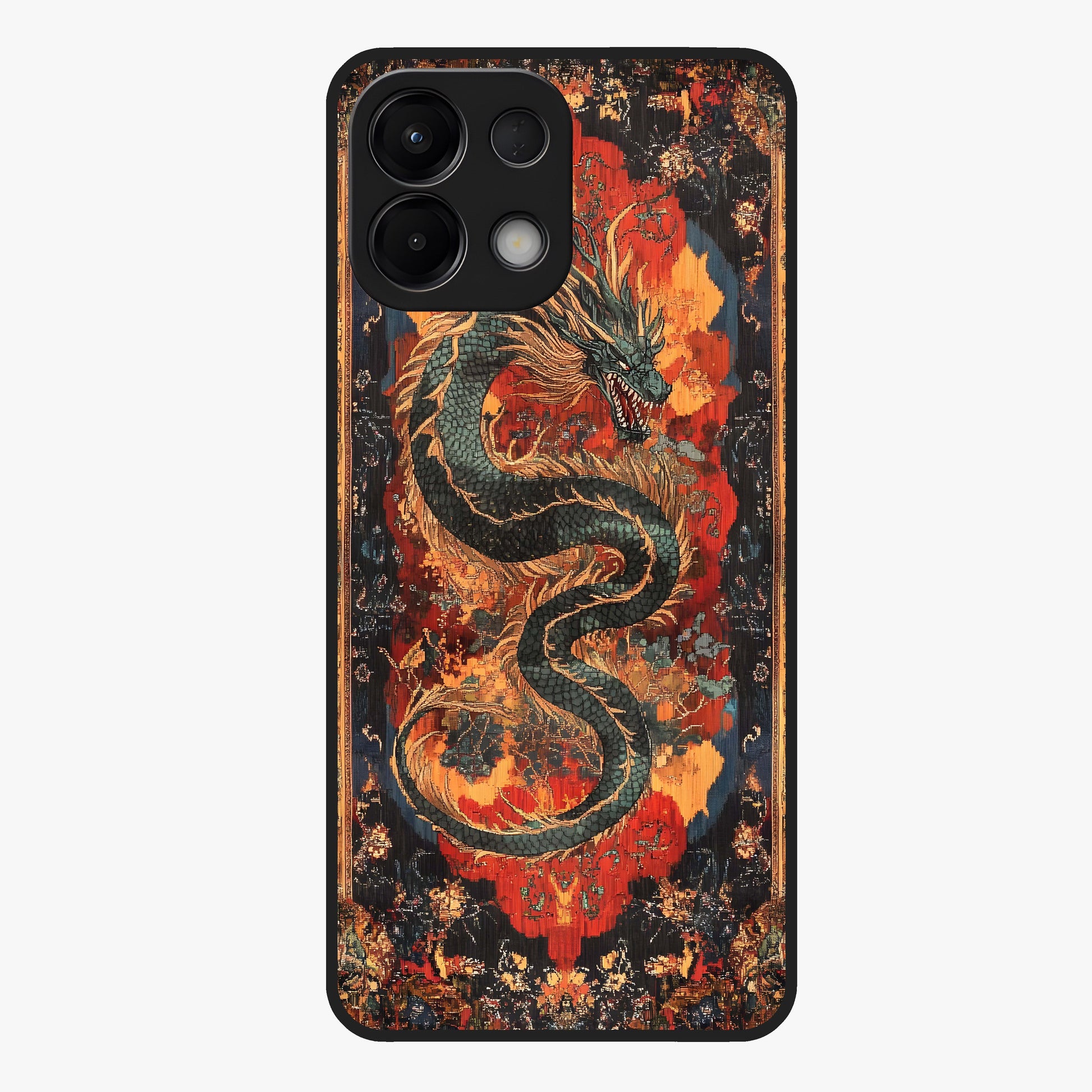 Inferno Dragon Soul Glass Case showing flat back view with fiery dragon artwork and glossy glass finish.