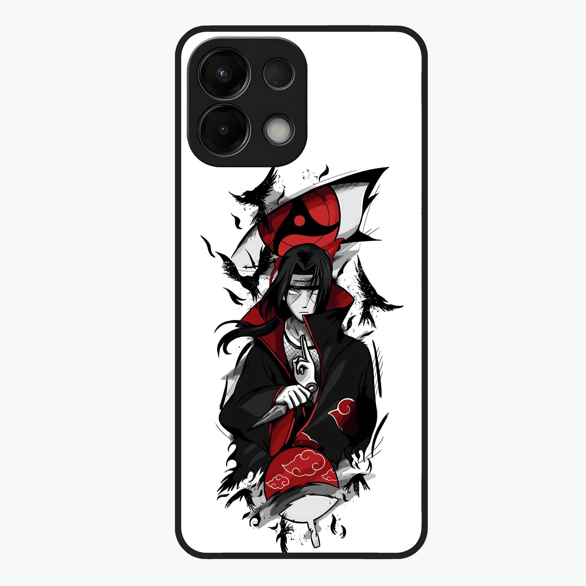Itachi Sharingan Glass Case showing flat back view with powerful anime eye artwork and glossy glass finish.