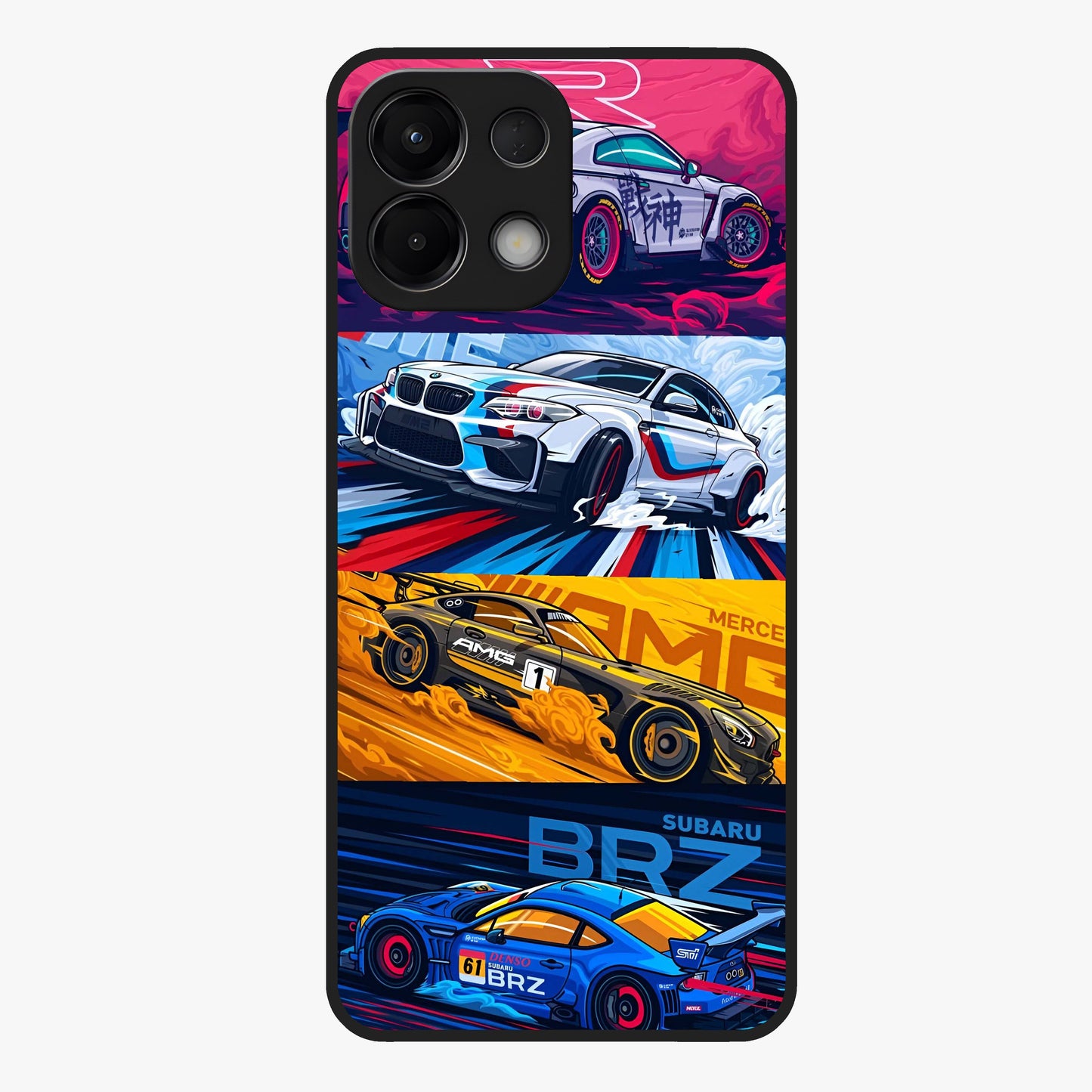 JDM Sports Car Glass Case showing flat back view with high performance sports car artwork and glossy glass finish.
