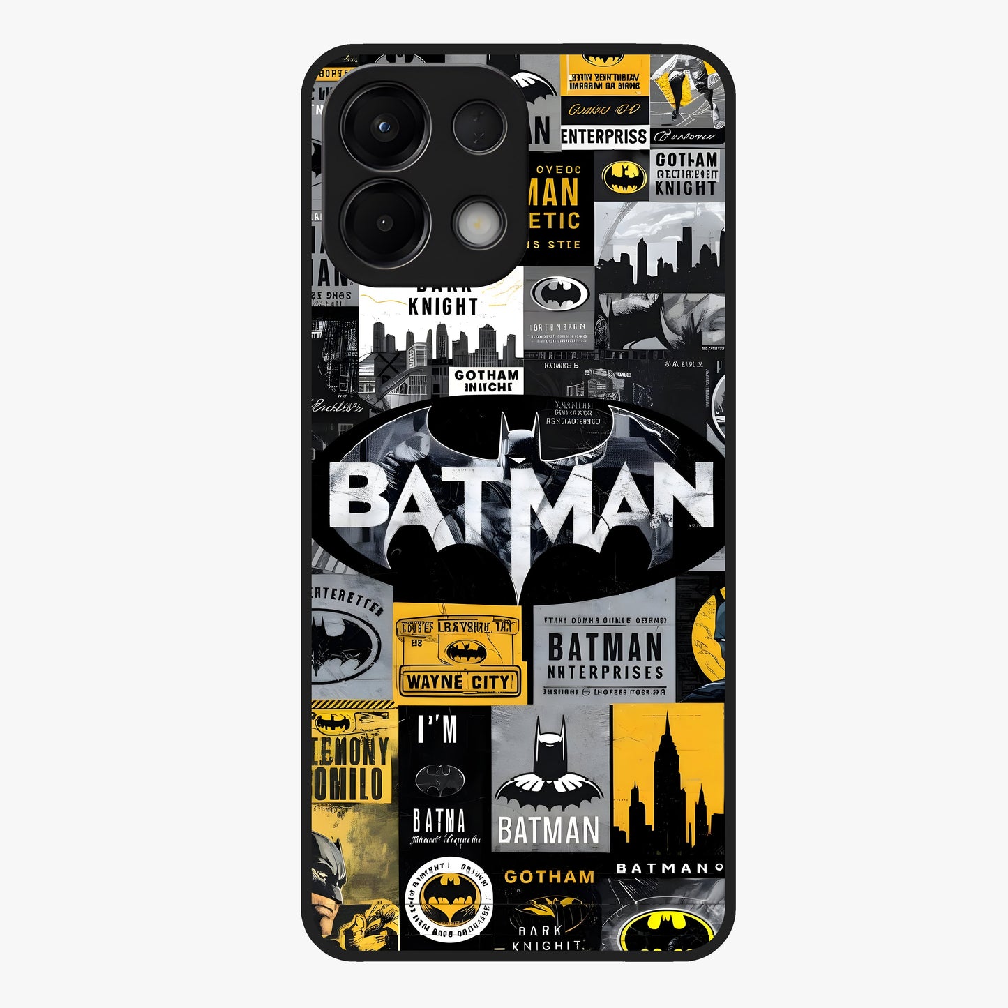 Knight Gotham Rise Glass Case showing flat back view with dark hero inspired artwork and glossy glass finish.
