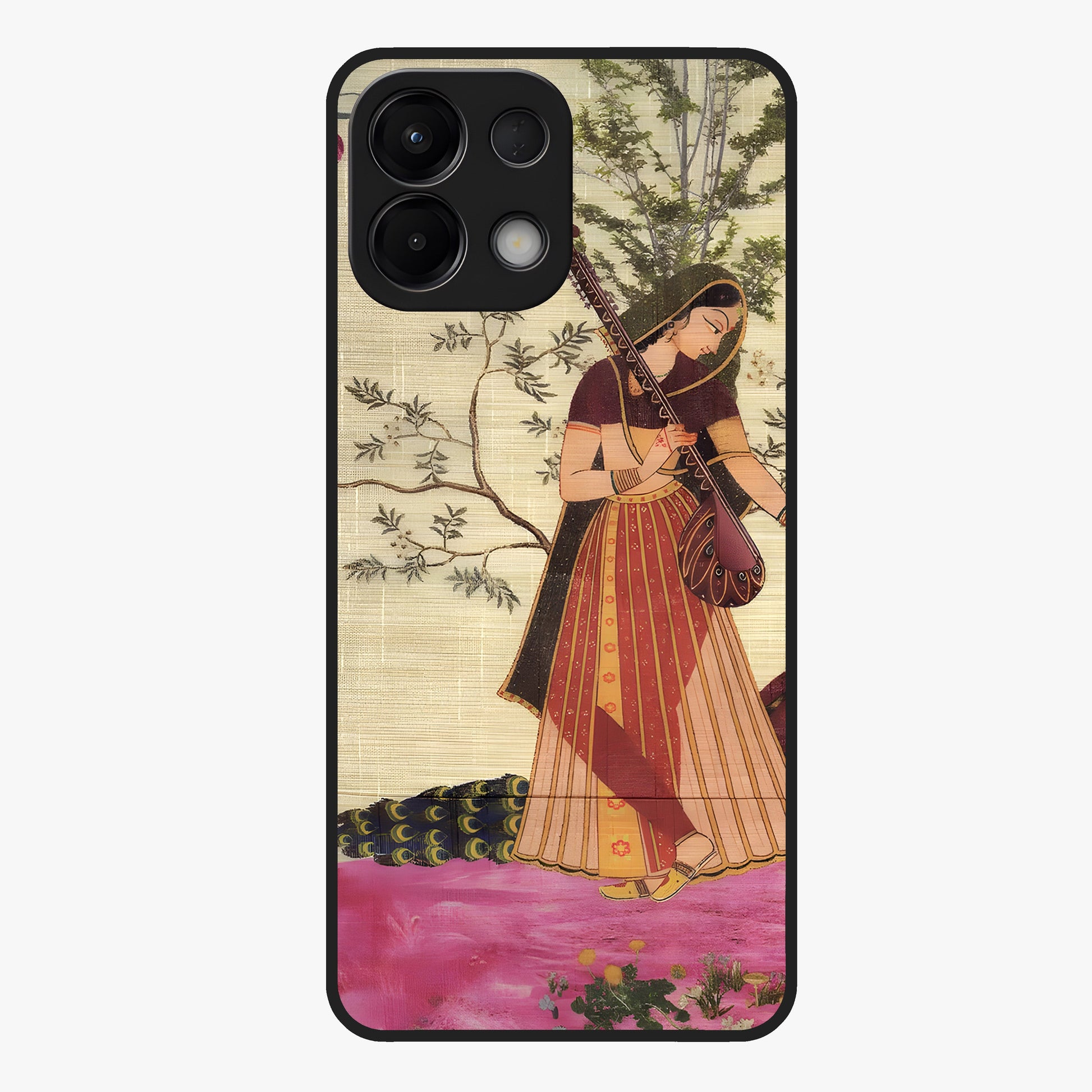 Lady With Veena Art Glass Case showing flat back view with elegant woman playing veena artwork and glossy glass finish.