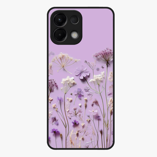 Lavender Blossom Dream Glass Case showing flat back view with soft lavender floral artwork and glossy glass finish.