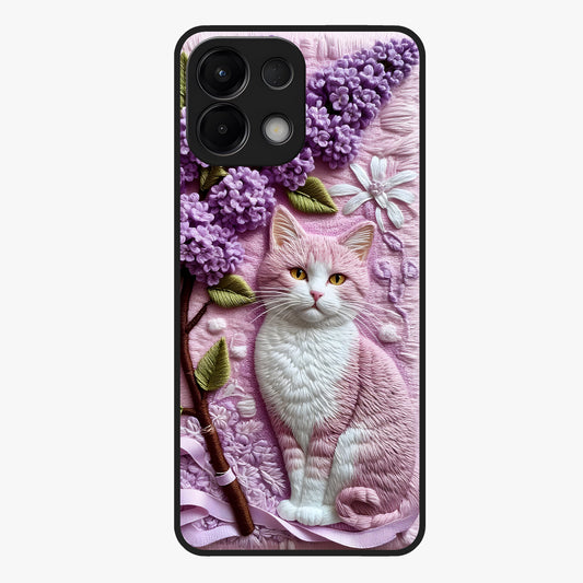 Lavender Cat Whimsy Glass Case showing flat back view with cute lavender cat artwork and glossy glass finish.