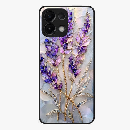 Lavender Dream Glow Glass Case showing flat back view with glowing lavender aesthetic artwork and glossy glass finish.