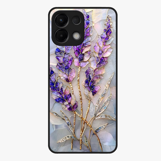 Lavender Dream Glow Glass Case showing flat back view with glowing lavender aesthetic artwork and glossy glass finish.