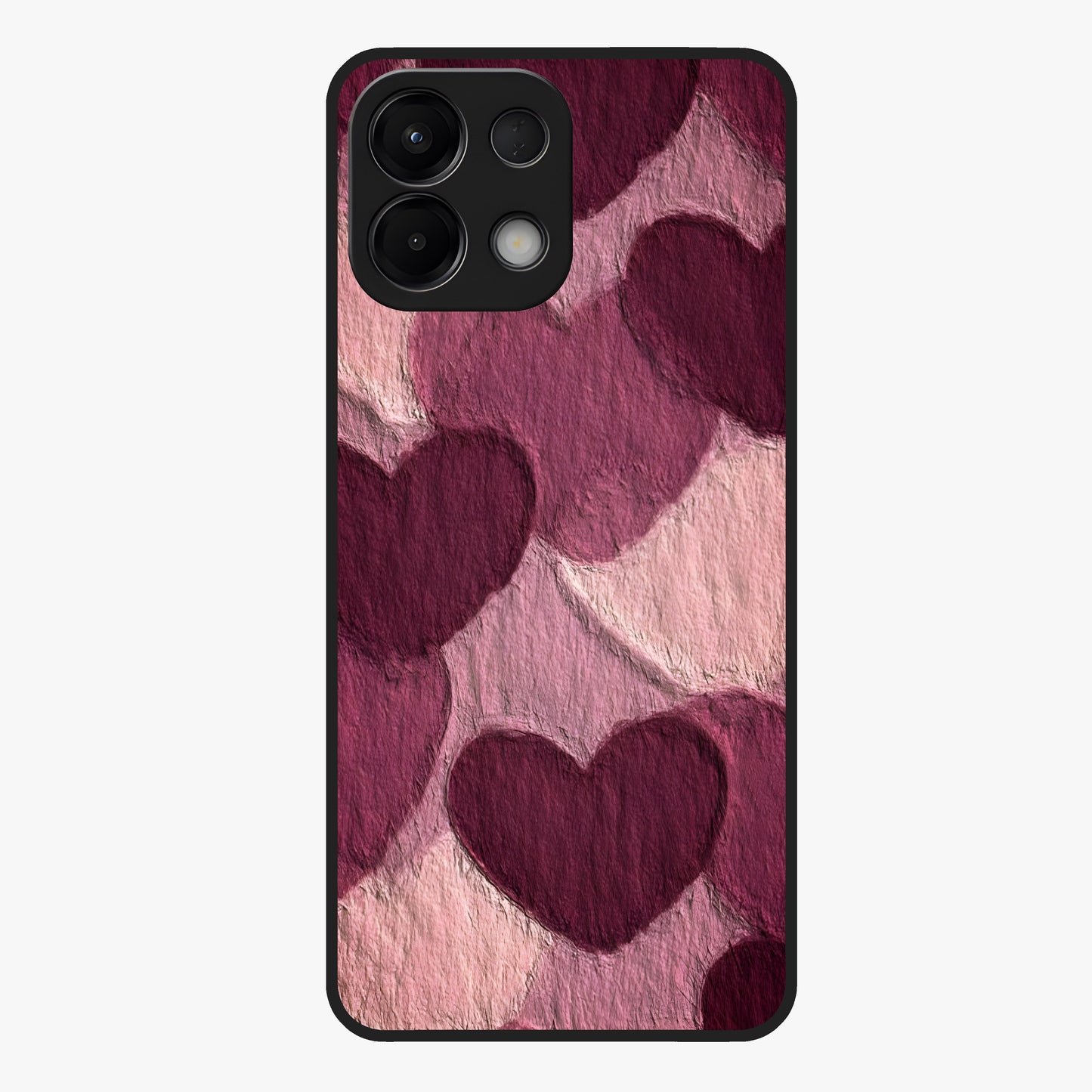 Layered Paper Hearts Glass Case showing flat back view with layered paper heart artwork and glossy glass finish.