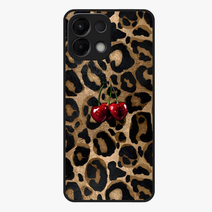 Leopard Wild Cherry Glass Case showing flat back view with leopard pattern and cherry artwork and glossy glass finish.