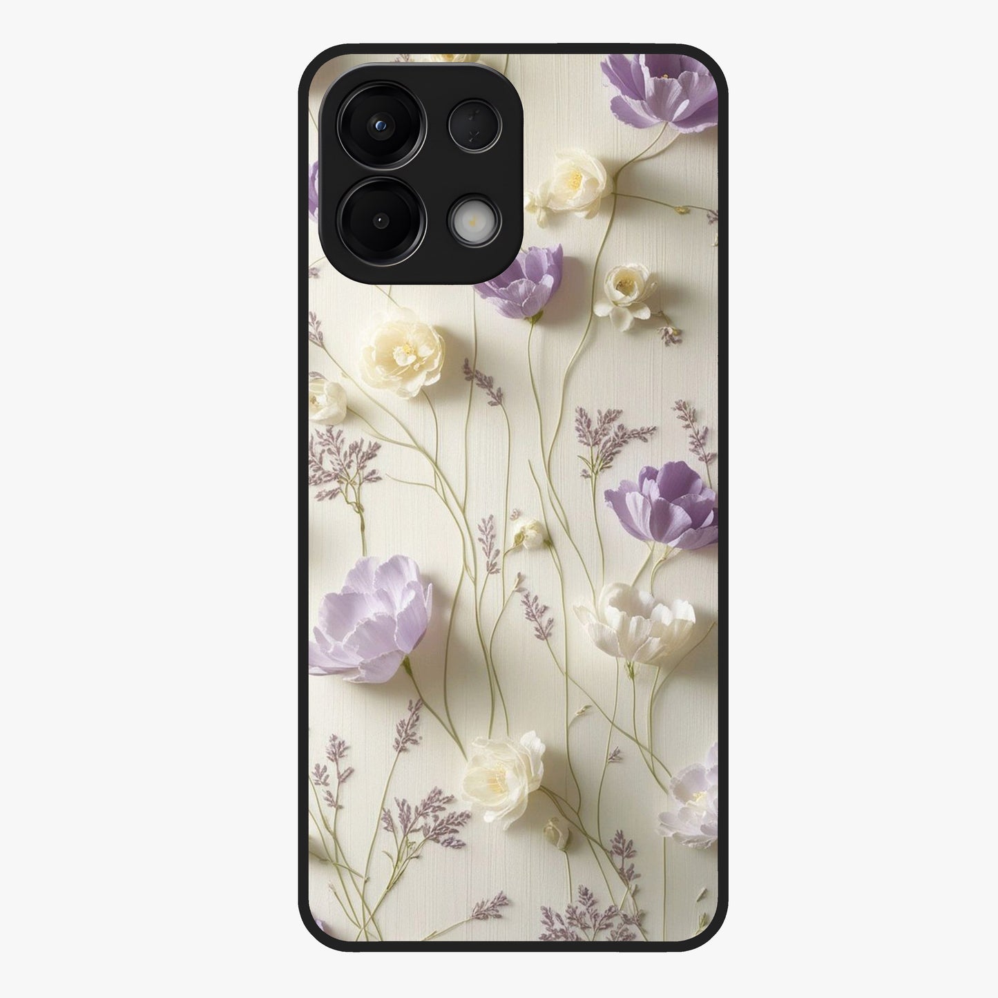 Lilac Breeze Harmony Glass Case showing flat back view with soft lilac themed artwork and glossy glass finish.