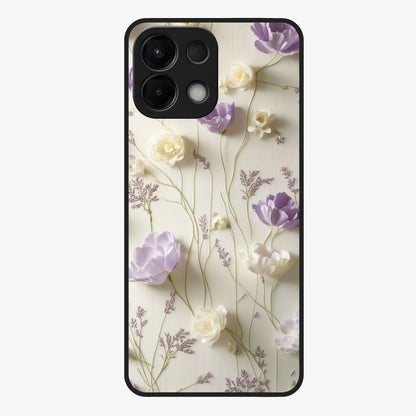 Lilac Breeze Harmony Glass Case showing flat back view with soft lilac themed artwork and glossy glass finish.