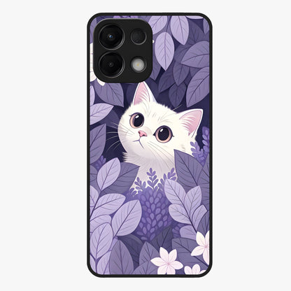Lilac Hide Peek Cat Glass Case showing flat back view with cute peeking cat artwork and glossy glass finish.
