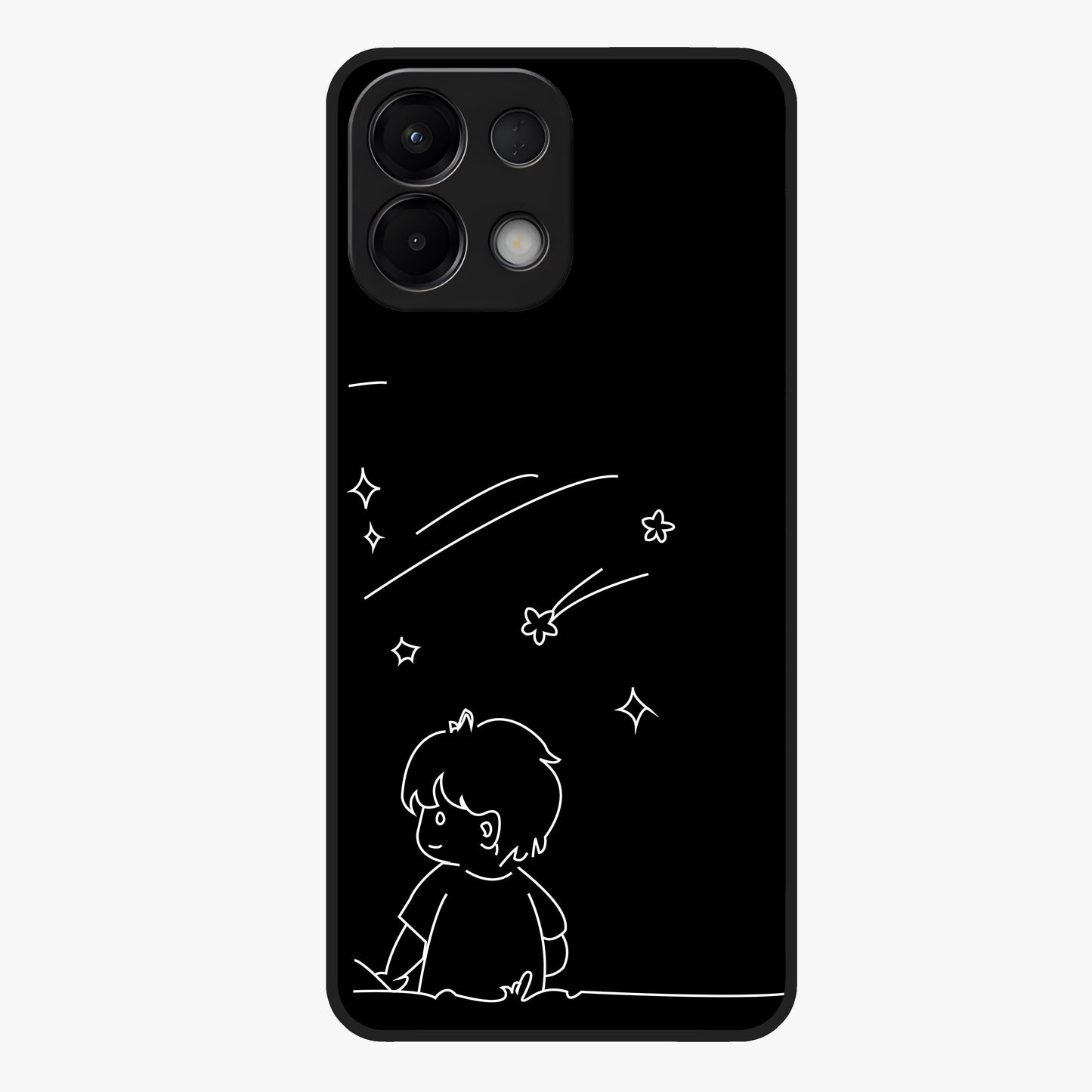Line Art Boy With Shooting Stars Glass Case showing flat back view with minimal line art boy and shooting stars illustration and glossy glass finish.