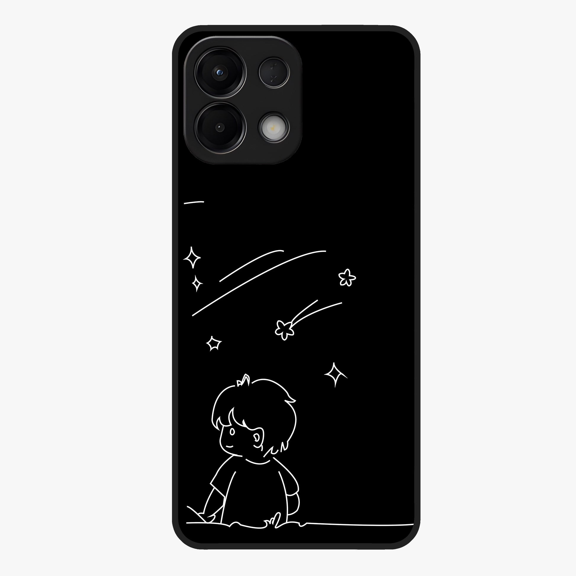 Line Art Boy With Shooting Stars Glass Case showing flat back view with minimal line art boy and shooting stars illustration and glossy glass finish.