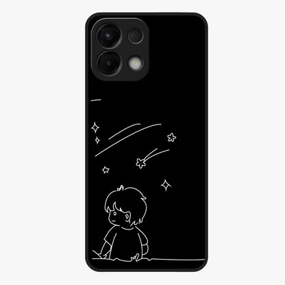 Line Art Boy With Shooting Stars Glass Case showing flat back view with minimal line art boy and shooting stars illustration and glossy glass finish.