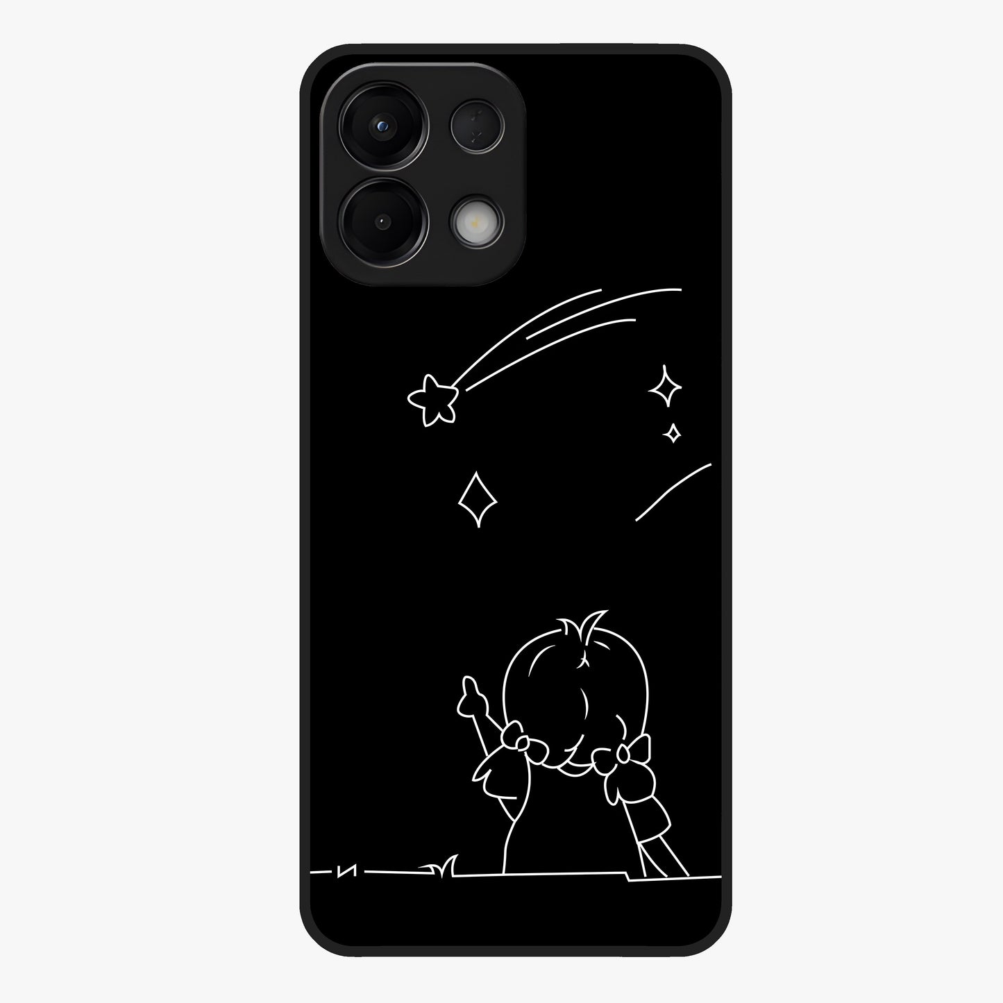 Line Art Girl With Shooting Stars Glass Case showing flat back view with minimal line art girl and shooting stars illustration and glossy glass finish.