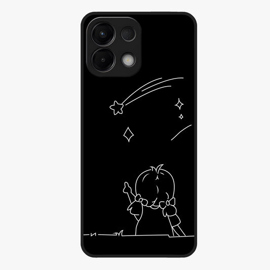 Line Art Girl With Shooting Stars Glass Case showing flat back view with minimal line art girl and shooting stars illustration and glossy glass finish.