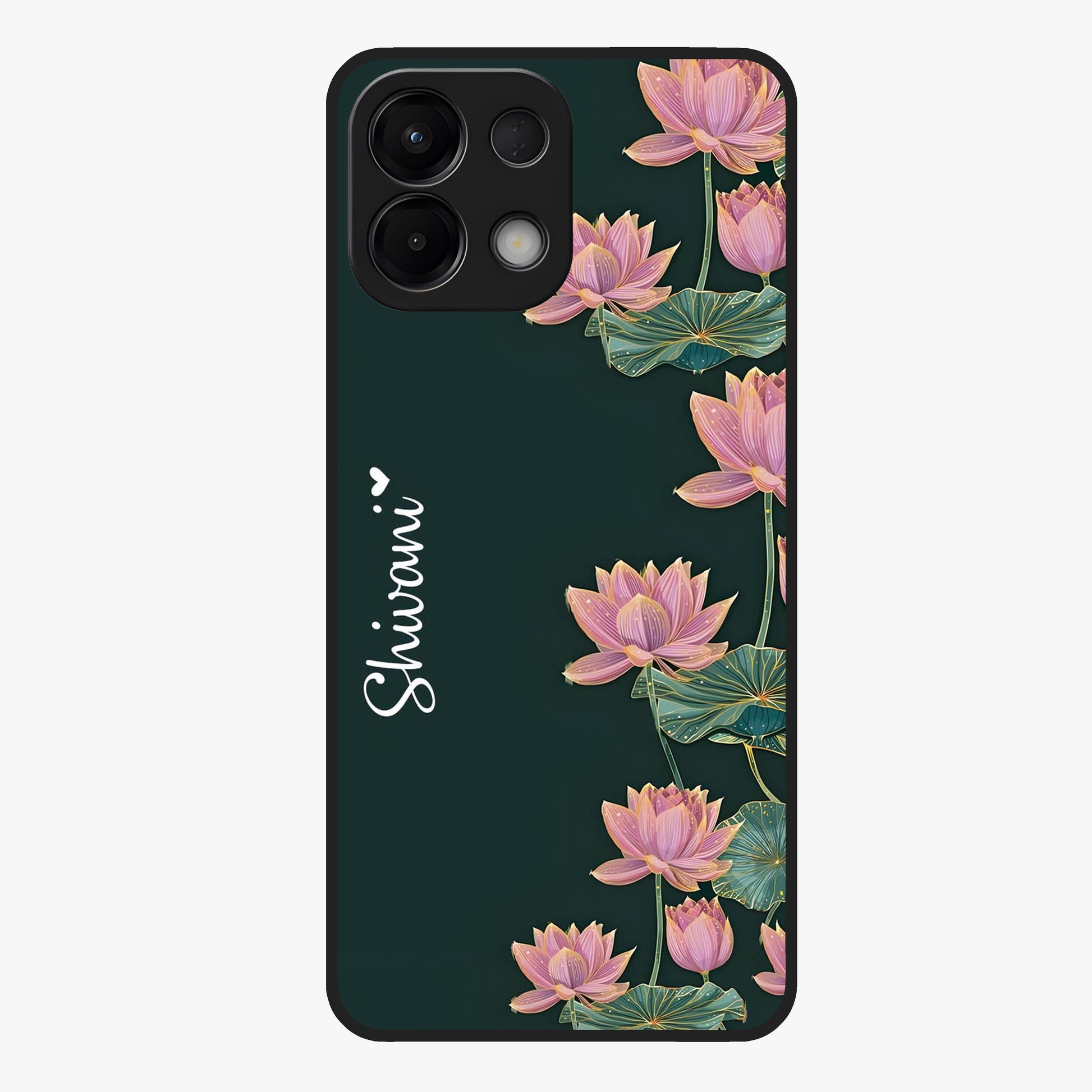 Lotus Bloom Serenity Custom Name Glass Case showing flat back view with elegant lotus flower artwork and personalized name design.