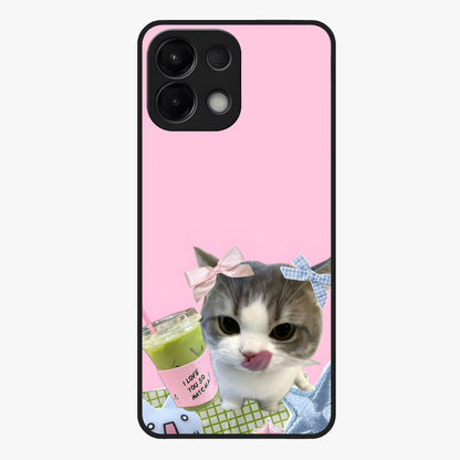 Love Matcha Cat Glass Case showing flat back view with cute cat and matcha themed artwork and glossy glass finish.